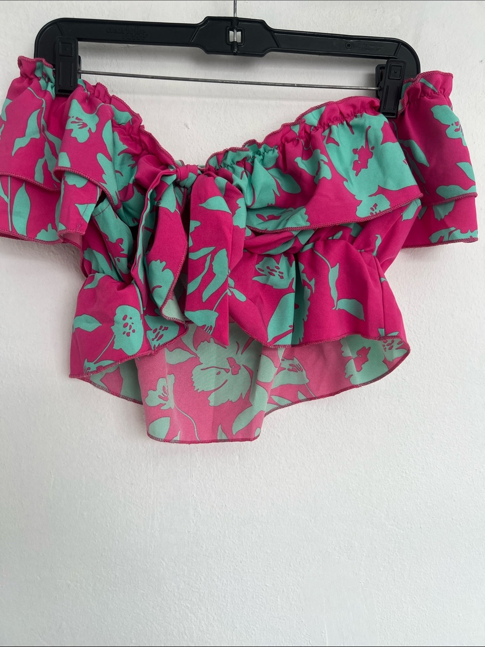 Off-Shoulder Floral Ruffle Crop Top in Pink & Mint